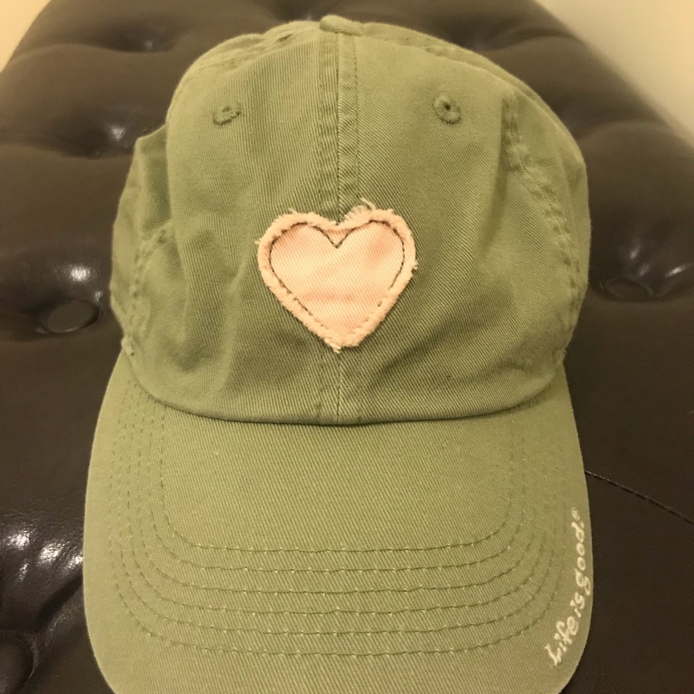 Life is Good green with pink heart hat